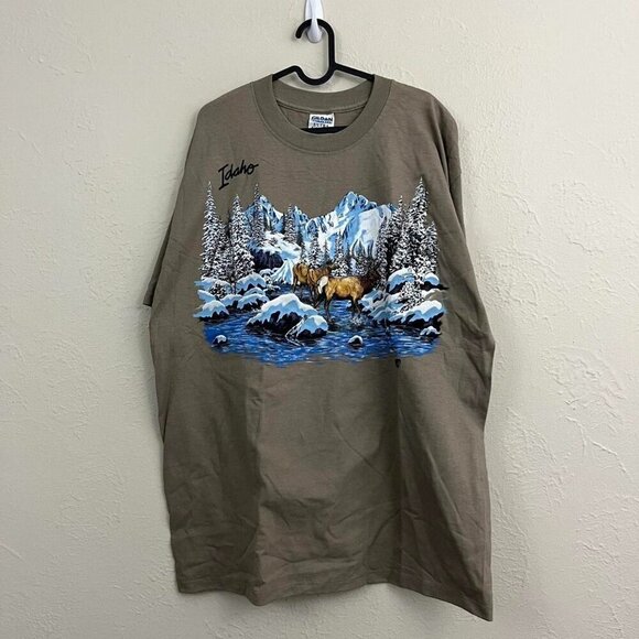 Brown vintage 90s Idaho graphic tee wirth snow mountain forest buck deer scene - Picture 2 of 8